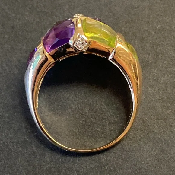 14K Gold Amethyst Peridot & Diamond Accents Ring - Picture 8 of 11